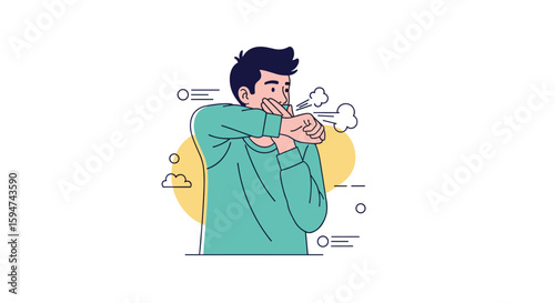Man sneezing into elbow demonstrating respiratory hygiene and illness prevention techniques