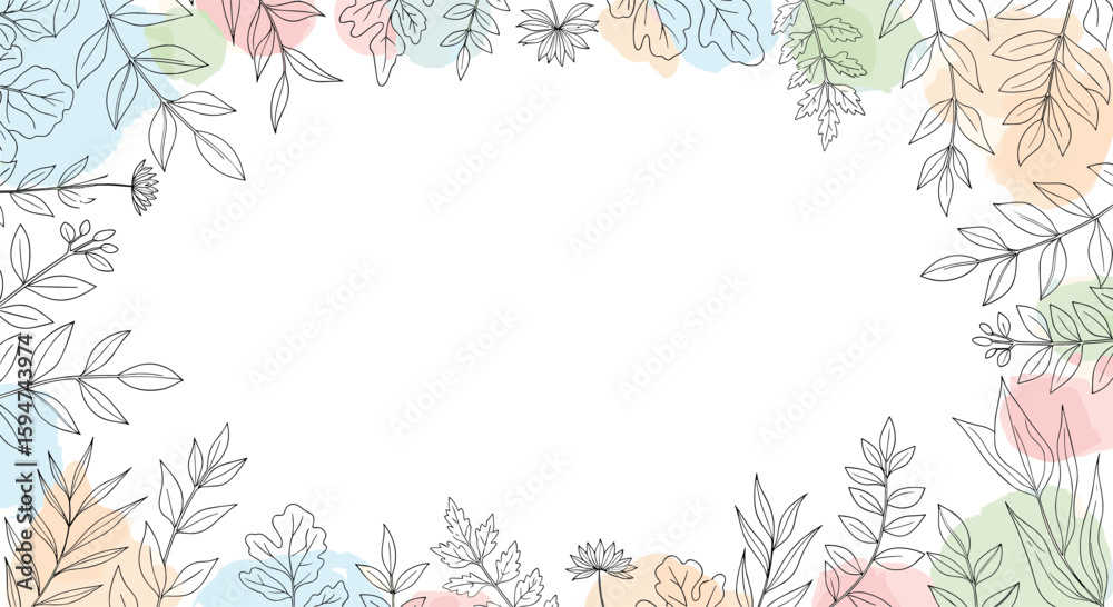 Obraz premium Delicate botanical border with soft pastel watercolor circles for artistic framing and invitations