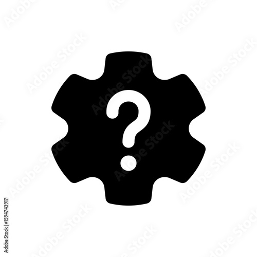 Question mark symbol placed inside a black gear shape, representing uncertainty in settings or configuration