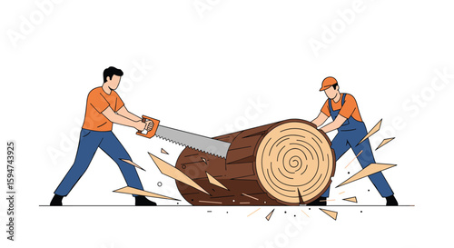 Two carpenters working together sawing a large wooden log in half with effort