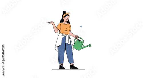 Young woman happily tending to her lush garden with watering can and small plant