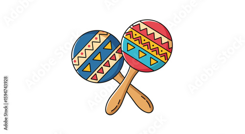Brightly colored festive musical percussion instruments with wooden handles creating lively rhythms for celebration