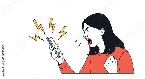 Frustrated woman yelling at mobile phone experiencing technical difficulties generating anger and stress signals