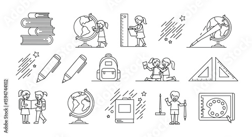 Educational icons representing learning knowledge discovery and scientific exploration