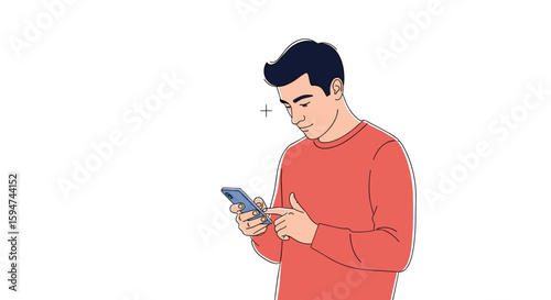 Young man using a smartphone engaging with digital content technology on mobile device in casual setting