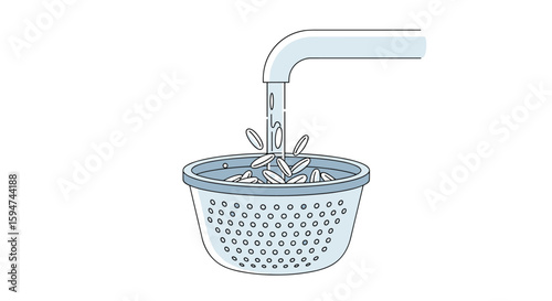 Water flowing through a colander with small holes allowing liquid to pass through easily