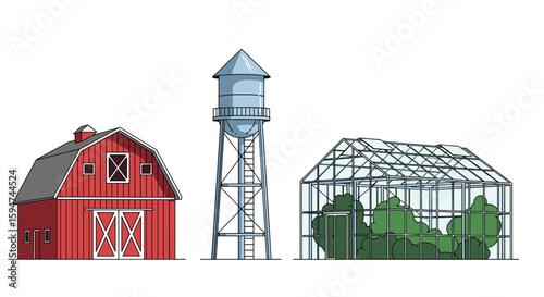 Red barn water tower and greenhouse on a white background farm scene