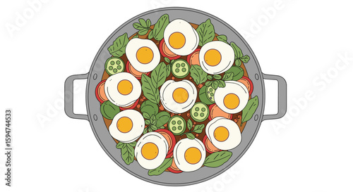 A flavorful combination of fresh greens tomatoes cucumbers and perfectly fried eggs served in a large cooking pan