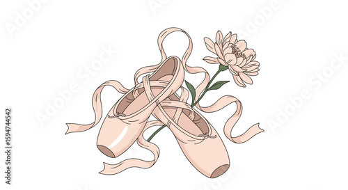 Elegant ballet slippers adorned with delicate ribbons and a softly blooming flower