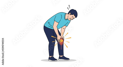 Man experiencing sharp knee pain holding his leg in distress with red inflammation highlighted