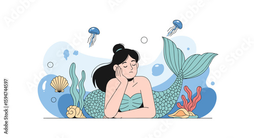 Enchanting mermaid dreaming underwater surrounded by jellyfish coral and seashells in a whimsical ocean scene
