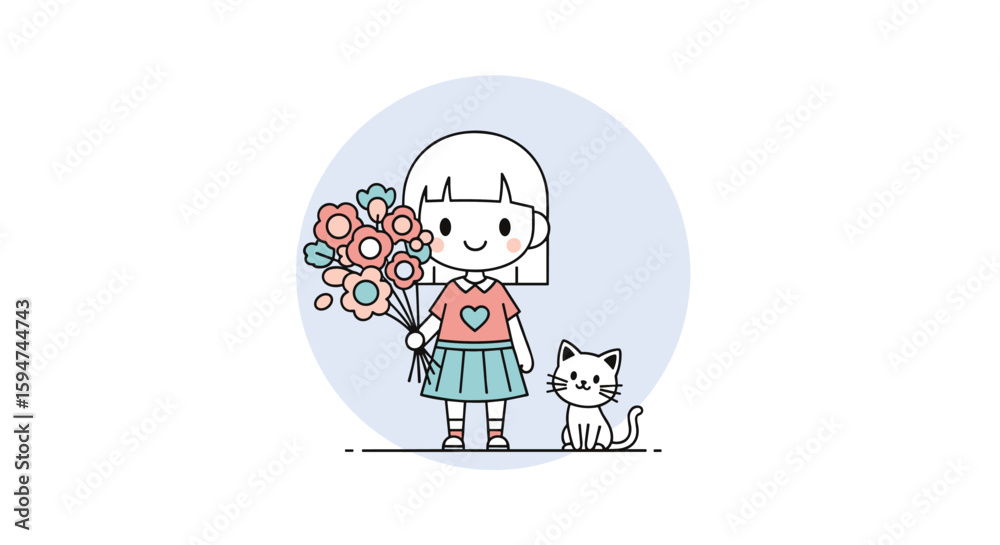 Obraz premium Charming girl with flowers and her adorable cat companion enjoying a whimsical day together