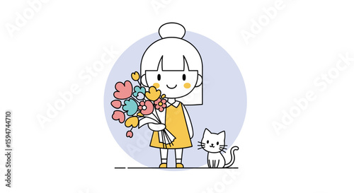 Adorable little girl holding a colorful flower bouquet next to a cute fluffy cat illustration