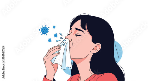 Young woman sneezing from cold allergy symptoms with airborne germs spreading through the air