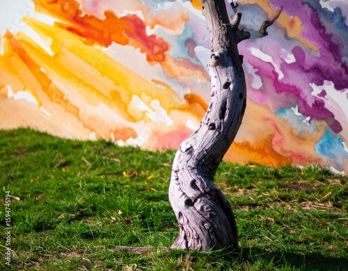 an otherworldly tree with twisting, intertwining branches that stretch across a vibrant, surreal sky