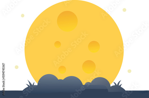 Flat Design Full Moon Over Dark Landscape Silhouette Minimal Art