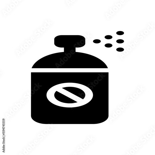Illustration of a black spray bottle with a prohibition sign and spray coming out of the top end cap