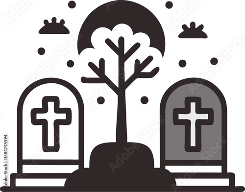 Halloween Night Graveyard Illustration Two Gravestones Bare Tree Full Moon