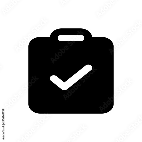 Black clipboard with rounded edges and a handle with a white checkmark on the front side design item