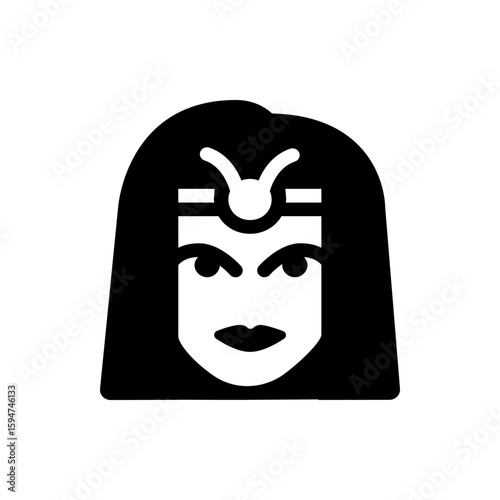 Illustration of a woman with long black hair and a taurus symbol on her forehead in black and white style