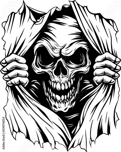 SVG screaming skull in horror tattoo style. Grim Skull Emerging Through Torn Fabric, Eerie and Dark Design