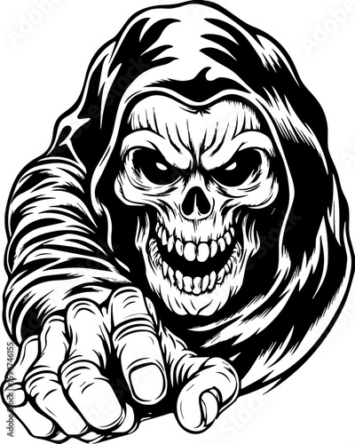 SVG screaming skull in horror tattoo style. Grim Reaper Illustration with Evil Grin and Outstretched Hand