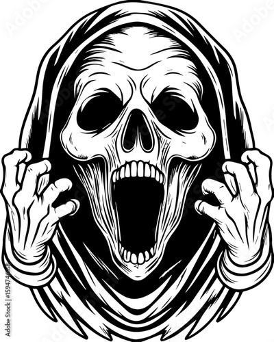 SVG screaming skull in horror tattoo style. Eerie Skeleton Face Emerges from Dark Cloak with Ominous Expression
