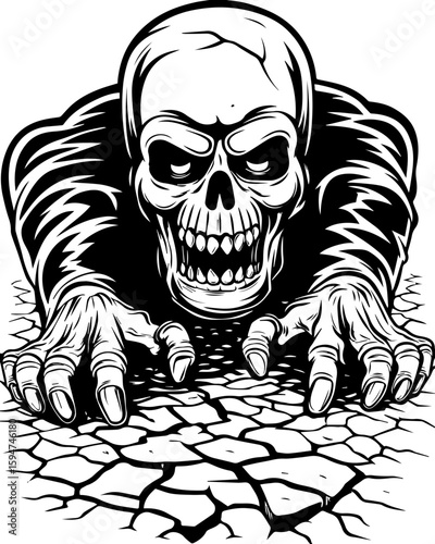 SVG screaming skull in horror tattoo style. Crawling Skeleton Emerging from Cracked Ground in Monochrome Style