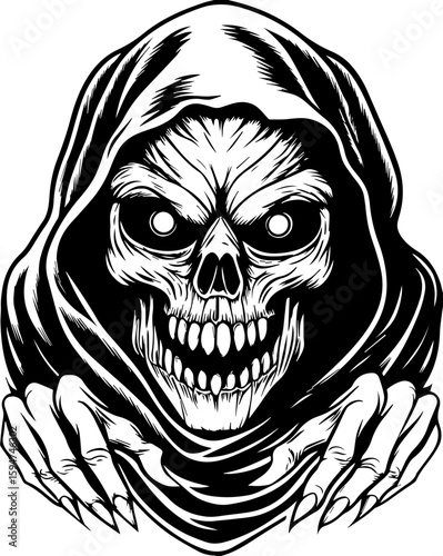 SVG screaming skull in horror tattoo style. Creepy Skull in Hooded Cloak with Grinning Expression and Claws