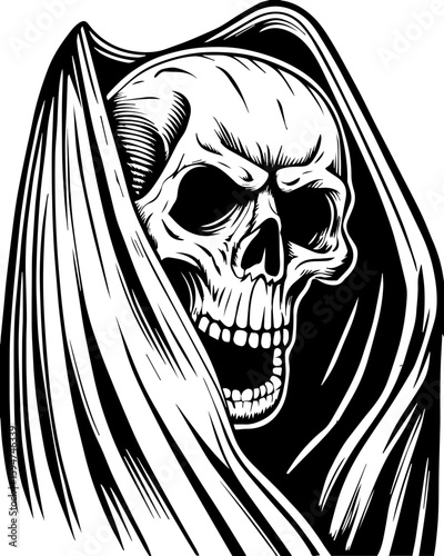 SVG screaming skull in horror tattoo style. Grim Reaper Skeleton Emerging from Shroud in Dark Illustration