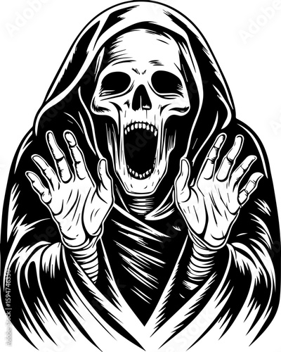 SVG screaming skull in horror tattoo style. Eerie Skeleton in Cloak with Outstretched Hands and Open Mouth