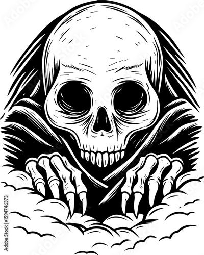SVG screaming skull in horror tattoo style. Creepy Skull Illustration with Grinning Expression in Dark Shadows