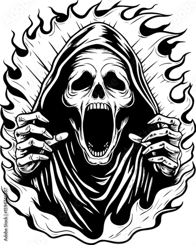 SVG screaming skull in horror tattoo style. Grim Reaper in Flames with Open Mouth and Bony Hands