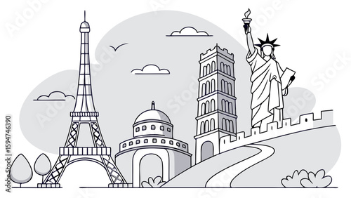Global Landmarks Illustration for Travel Enthusiasts Featuring Iconic Structures in Minimalist Style