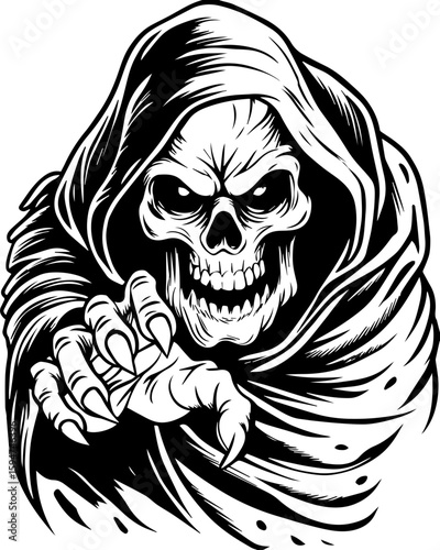 SVG screaming skull in horror tattoo style. Grim Reaper Character Reaching Out in Dark Cloak and Skull Design