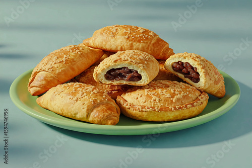 Golden pastries filled with red bean paste, topped with sesame seeds and beautifully arranged on a plate. A perfect blend of flaky texture and sweet filling.