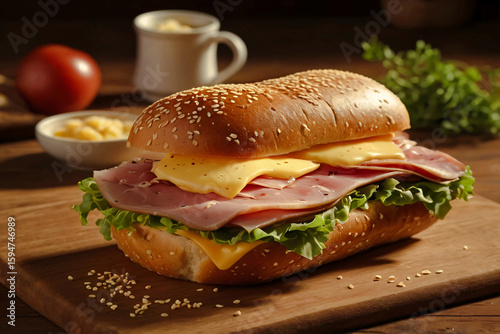 Ham and Cheese Sandwich with Fresh Lettuce, Savory ham and melted cheese layered in a sesame bun with crisp lettuce, styled on wood with blurred background.