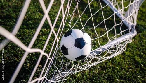 Soccer football in Goal net with green grass field.