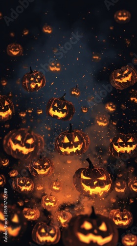 Halloween pumpkin lanterns floating in night scene 