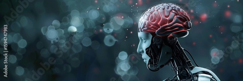 Portrait of an AI-enhanced robot, side view on a blurred dark background, ideal for banners