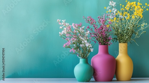 Three colorful vases with flowers on a blue background.