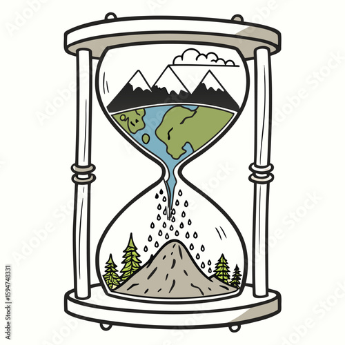 Hourglass filled with earth continents mountains and rain falling on mountain with trees drawn style