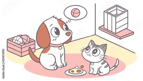 Playful Pets, Dog and Cat, Cozy Room, Illustration, Cheerful Atmosphere, Close-up View, Fun Concept