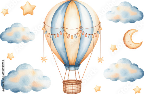 Watercolor hot air balloon clipart set with clouds, stars and pastel balloons fnewborn shower or kid birthday. 