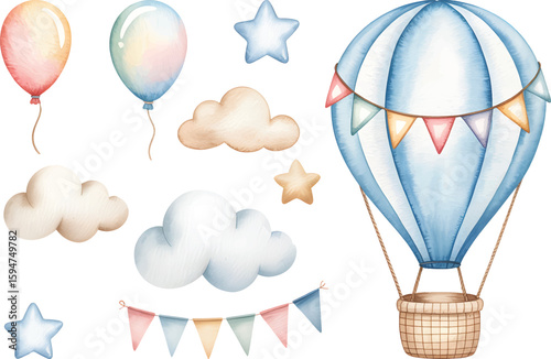 Watercolor hot air balloon clipart set with clouds, stars and pastel balloons fnewborn shower or kid birthday. 