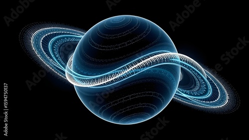 Holographic sphere surrounded by ring of light particles, visual representation of innovation and creativity