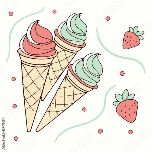 Vector illustration of ice cream cones with mint and strawberry flavors surrounded by fruits