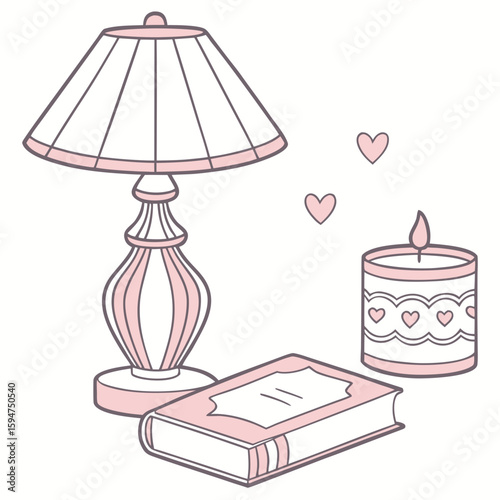 Cozy home decor with lamp, book, and candle in soft pastel colors