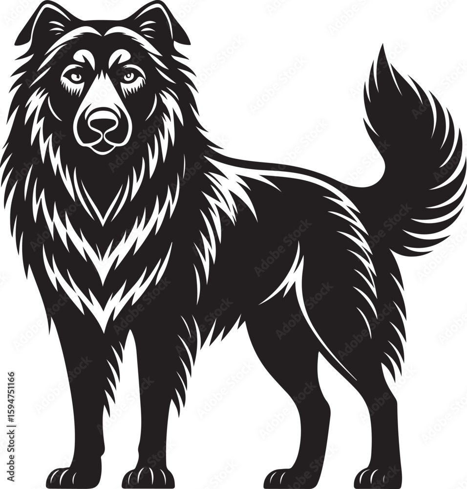 Fototapeta premium Black dog silhouette detailed fur vector art canine animal