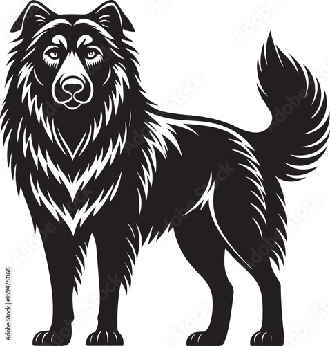 Black dog silhouette detailed fur vector art canine animal